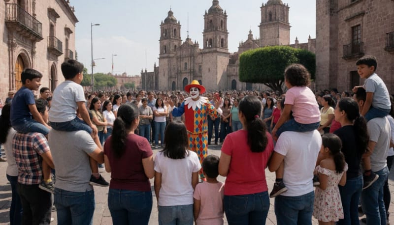 Multitud de familias reunida en semicírculo alrededor de un artista callejero disfrazado de arlequín en una plaza colonial soleada