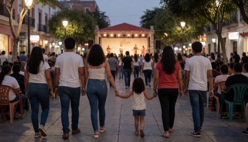Público sentado frente a un escenario al aire libre en un paseo peatonal al atardecer con luces cálidas