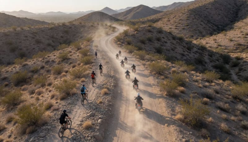Motociclistas y ciclistas de montaña avanzan por un camino de terracería entre cerros áridos al atardecer, vistos desde lo alto