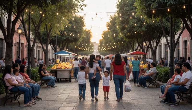 Familias con niños pasean al atardecer por una plaza arbolada con luces cálidas y puestos de fruta al fondo