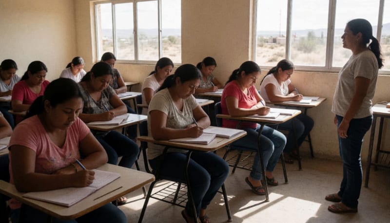 Mujeres en un aula de estudios con cuadernos y material educativo en una localidad del norte de Chihuahua