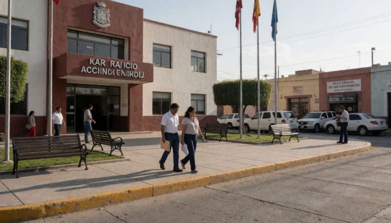 Fachada de un edificio municipal con gente circulando en la plaza al atardecer, en una pequeña ciudad de Chihuahua