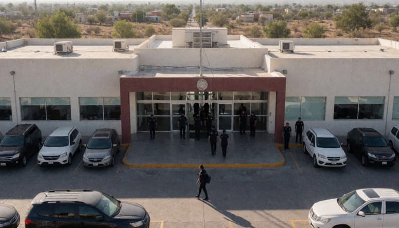 Personal entrando a un edificio municipal durante operativo de fiscalización en región desértica del norte de México