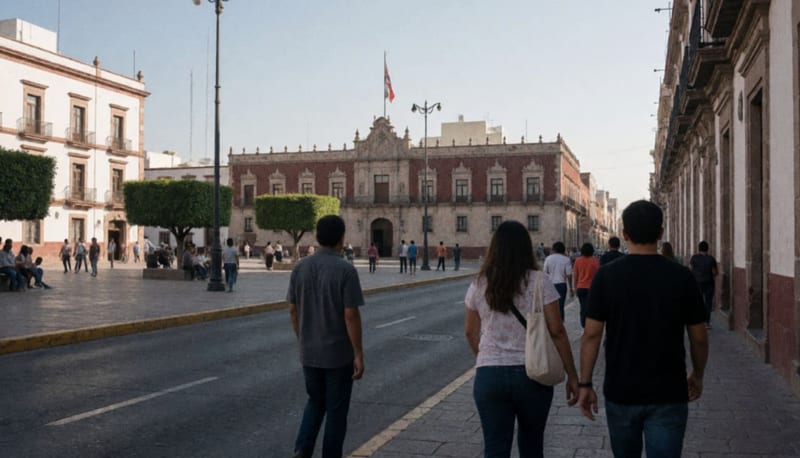 Plaza frente a un palacio municipal con personas caminando a lo lejos