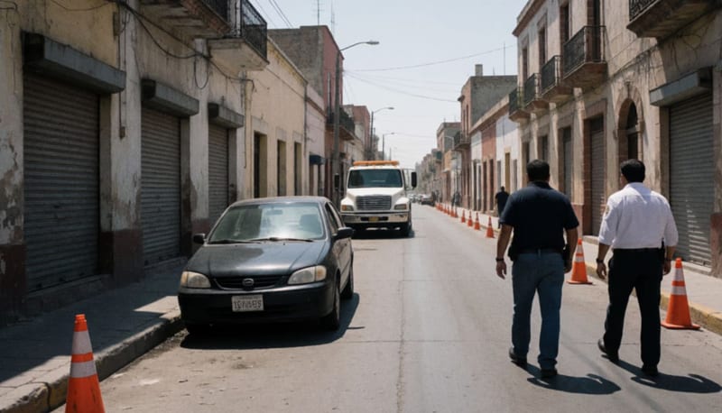 Grúa remolcando un auto compacto oscuro en una calle del centro de una ciudad del norte de México a mediodía
