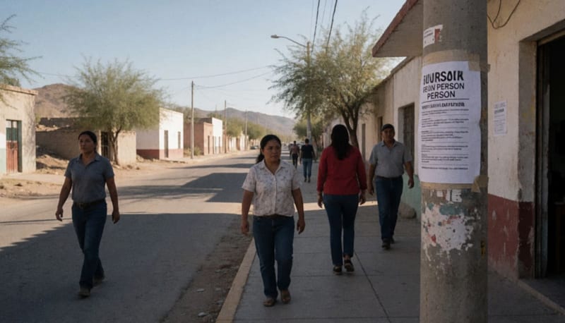 Cartel de búsqueda en una calle desértica del norte de México, con transeúntes caminando en la banqueta