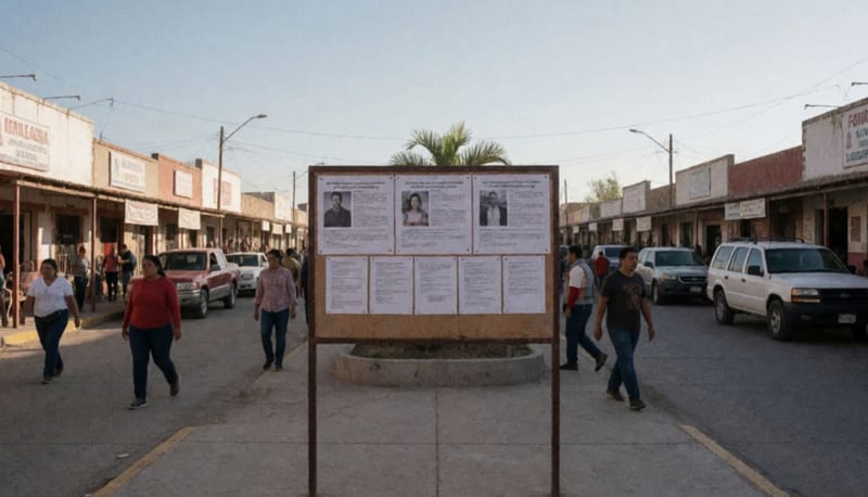 Plaza de un pueblo del norte de México con carteles de búsqueda en tableros informativos y personas circulando por la zona