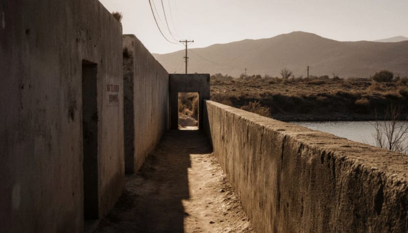 Callejón estrecho entre muros de tapia con el río Sacramento de fondo en zona de colonia de ciudad fronteriza