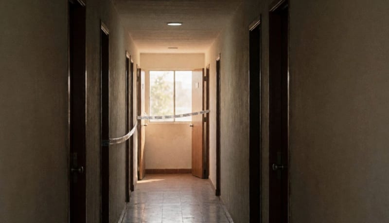 Pasillo de hotel con puertas cerradas y cinta de acordonamiento visible a distancia