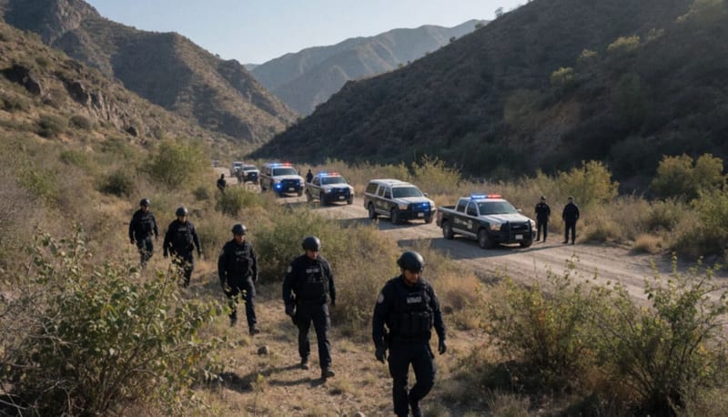 Agentes realizando búsqueda en terreno serrano accidentado con vehículos oficiales estacionados al fondo