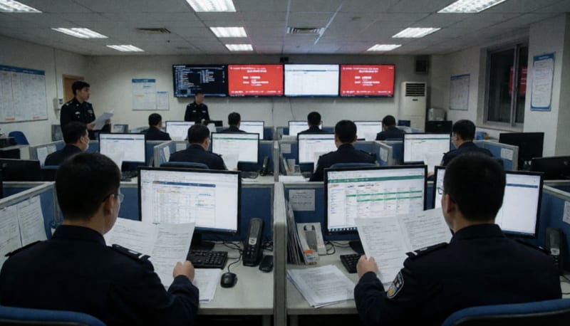 Oficiales en una sala de operaciones revisando información de búsqueda internacional durante la madrugada