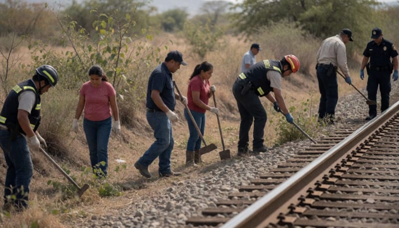 Operativo de búsqueda en zona rural con vías férreas y personal revisando el terreno en Parral