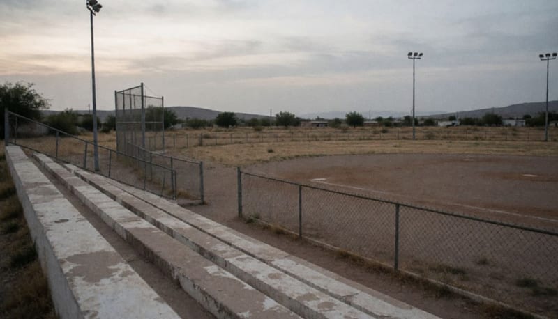 Campo de beisbol vacío de un poblado rural al atardecer, con gradas de concreto y cerros bajos al fondo