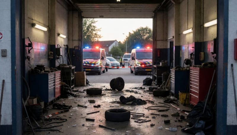 Taller automotriz con daños y luces de emergencia en la entrada durante la noche