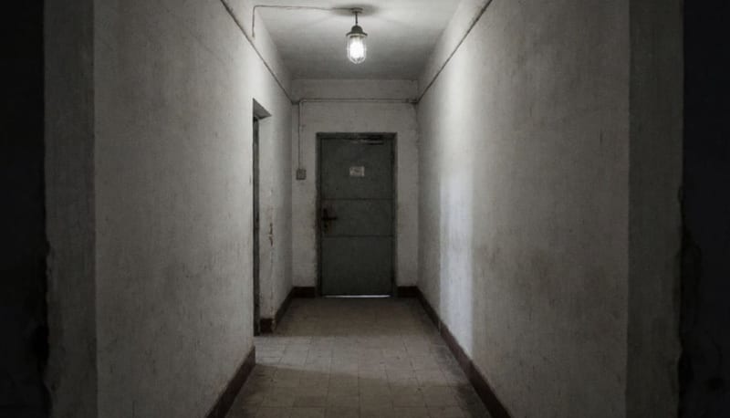 Pasillo angosto y vacío de un edificio municipal con una puerta metálica cerrada al fondo