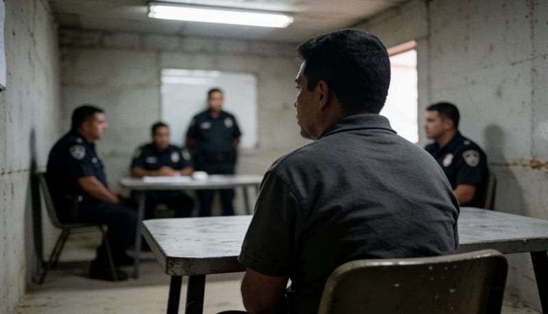 Hombre bajo custodia en una sala de interrogatorio de una delegación policial del norte de México