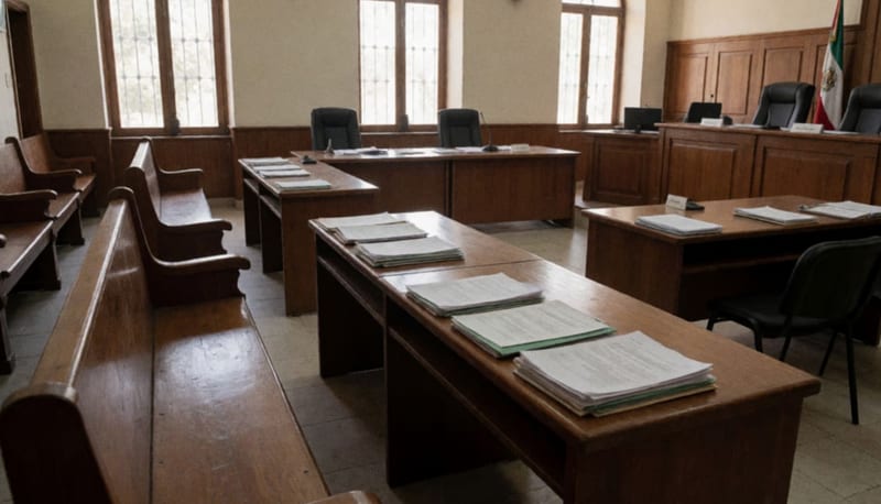 Interior de una sala de juzgados con mesas de trabajo, documentos y carpetas sobre escritorios de madera