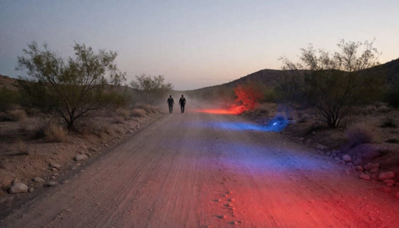 Camino de terracería en el desierto al anochecer, bañado por luces rojas y azules, con dos oficiales lejanos vistos de espaldas