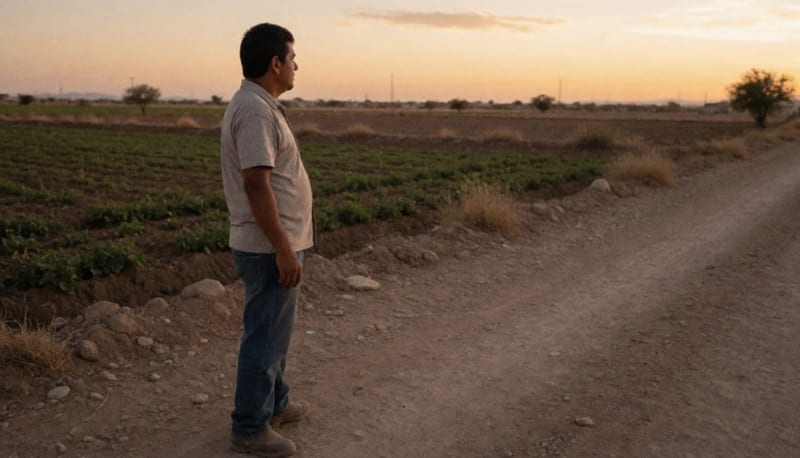 Hombre en un camino rural de Camargo con campos y paisaje árido al fondo