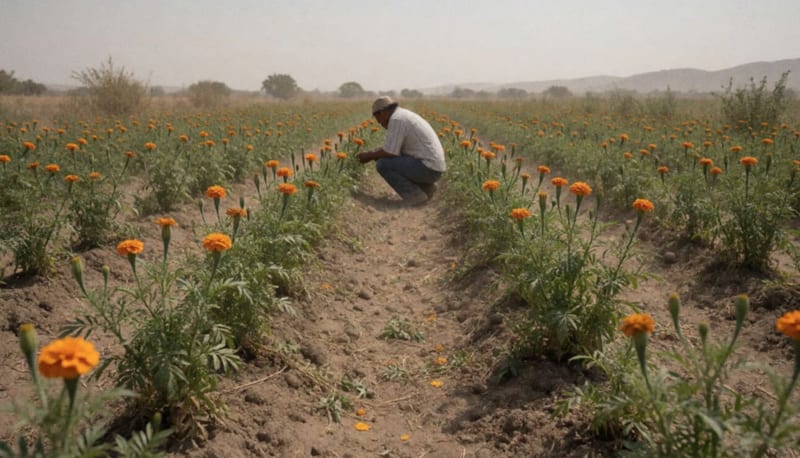 Agricultor visto de espaldas revisando plantas de cempasúchil con pocas flores en un campo seco bajo un sol intenso
