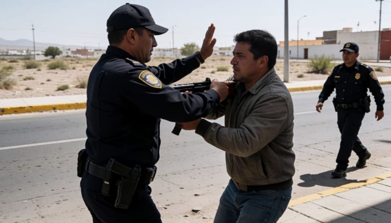 Confrontación entre un policía y un atacante durante un forcejeo por un arma en Delicias