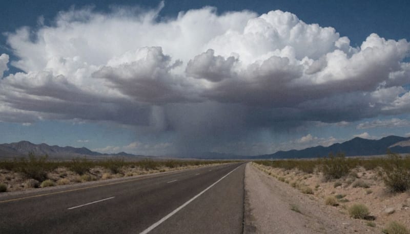 Nubes de tormenta sobre una carretera y montañas del desierto chihuahuense