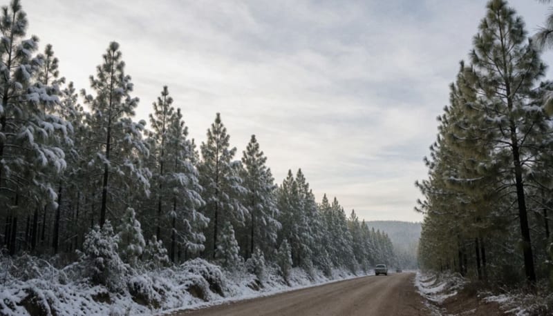Bosque de pinos con nieve ligera en la sierra y un camino de terracería