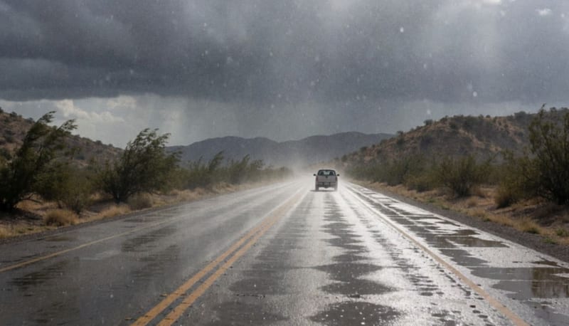 Carretera mojada por la lluvia entre cerros áridos bajo nubes oscuras, con una camioneta alejándose a lo lejos