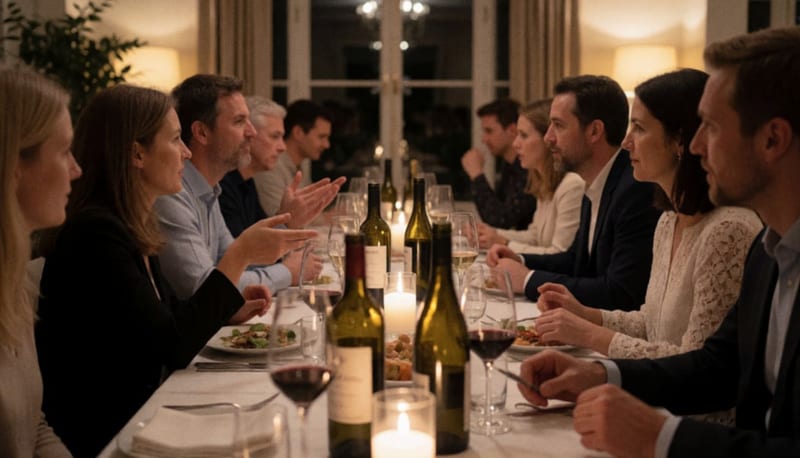 Empresarios conversando alrededor de una mesa con copas de vino durante una cena de networking