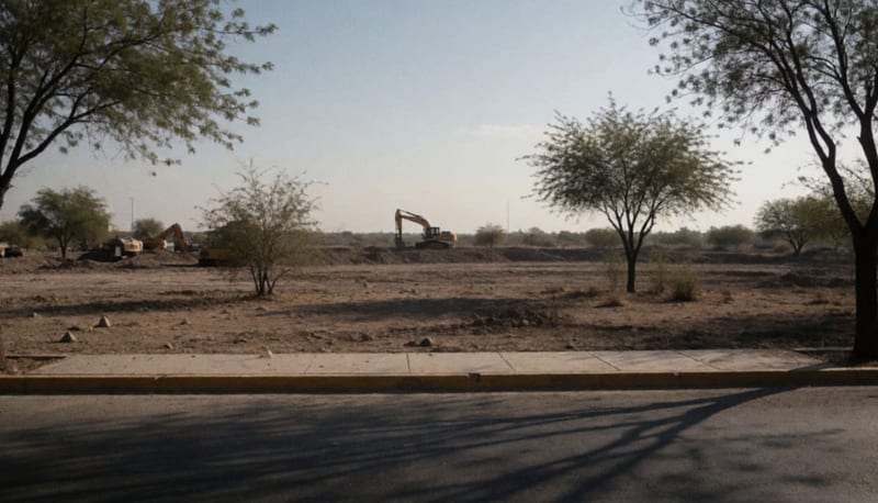 Terreno árido con maquinaria pesada en el horizonte, bajo la luz de la tarde en un municipio del norte de México