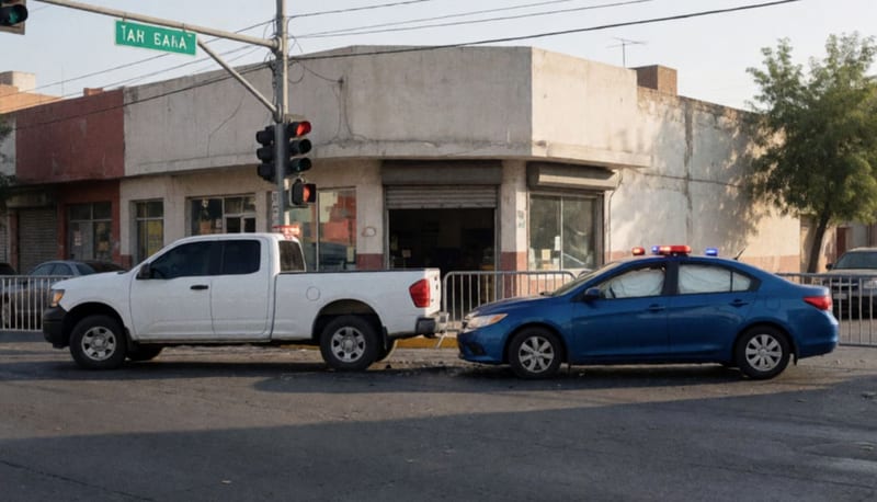 Dos vehículos dañados tras colisión en una intersección con estructuras de contención al fondo