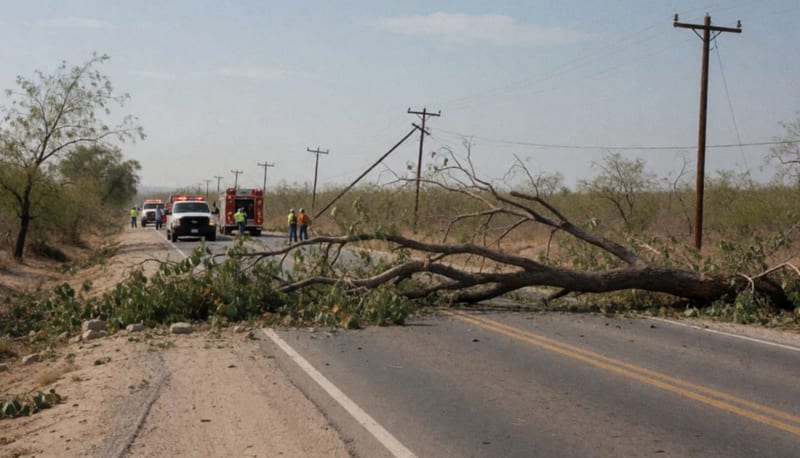 Trabajadores despejando un árbol caído sobre carretera rural tras el temporal de vientos intensos