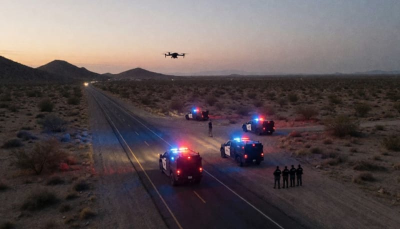 Luces de emergencia azules y rojas iluminando un terreno desértico con vehículos tácticos estacionados al atardecer