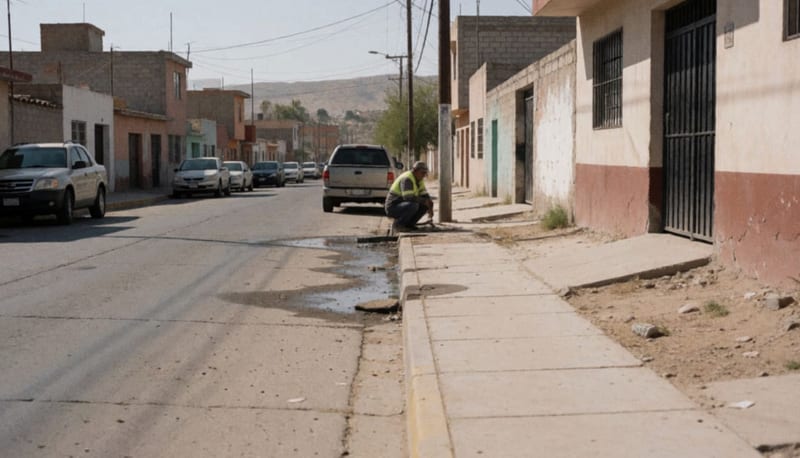 Agua fluyendo sobre una calle residencial de la colonia San Felipe con trabajador inspeccionando la zona afectada