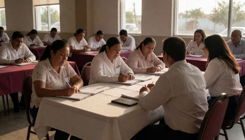 Funcionarios y personal municipal asistentes a una sesión de capacitación en un centro de convenciones