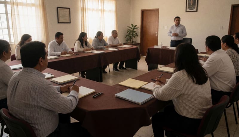 Funcionarios municipales participando en una sesión de capacitación en liderazgo dentro de una sala de conferencias