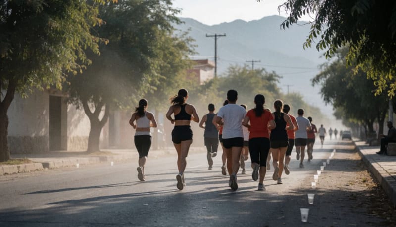 Corredores avanzan por un camino rodeado de árboles al amanecer, con una mujer al frente del grupo y montañas al fondo