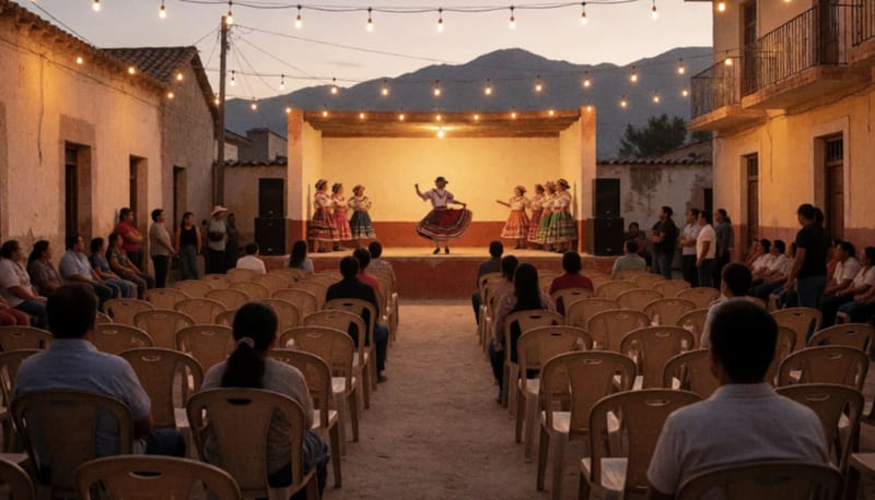 Presentación de danza folclórica en la explanada de la Casa de la Cultura de Delicias con espectadores sentados
