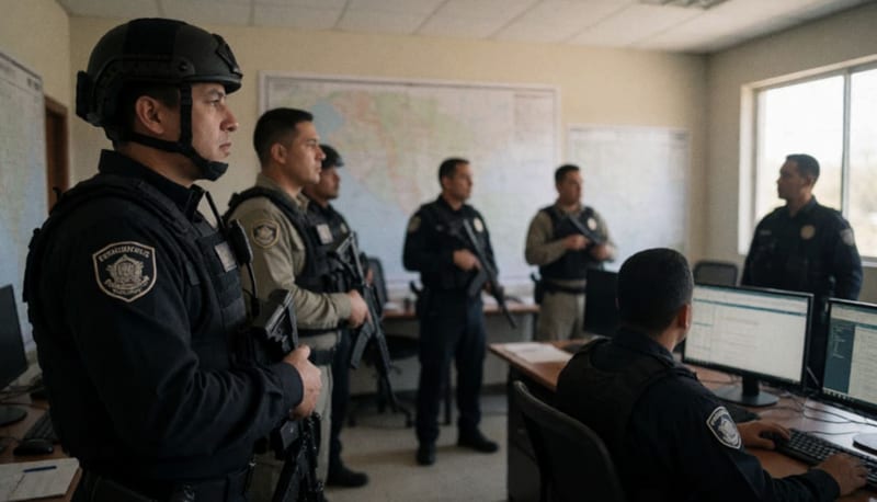 Oficiales de seguridad en una sala de operaciones durante una coordinación interinstitucional