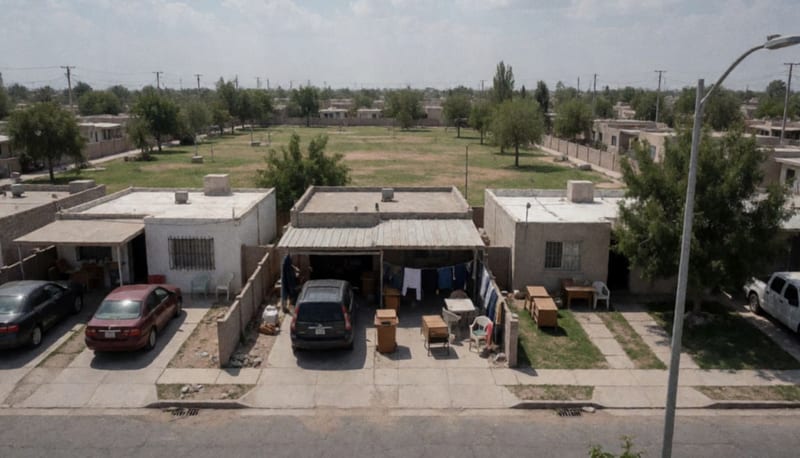 Calle residencial con lodo seco en las cocheras y muebles puestos a secar al sol