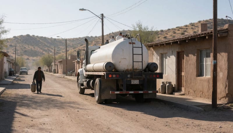 Camión repartidor con cilindros blancos estacionado junto a una casa en una calle polvorienta de un pueblo del desierto