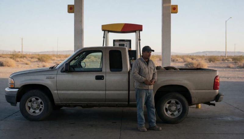 Trabajador junto a una camioneta en una gasolinera del desierto fronterizo de El Paso