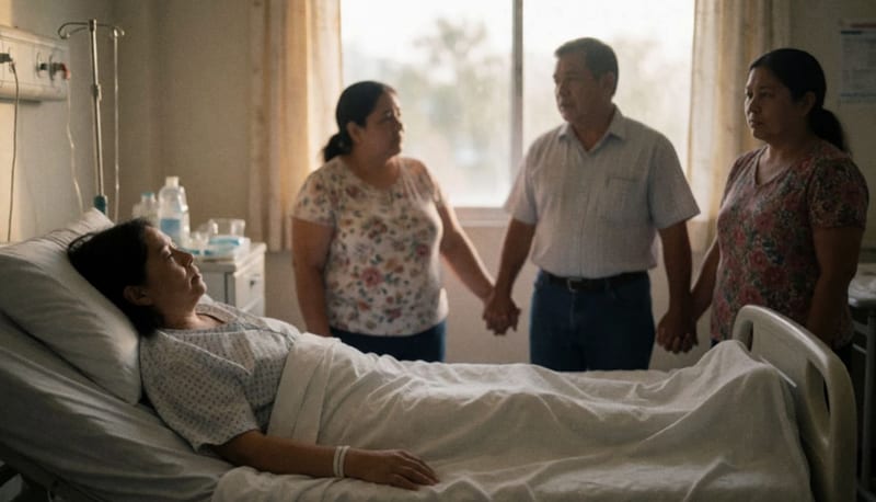 Paciente despierto en cama de hospital con familiares a su lado en sala de recuperación