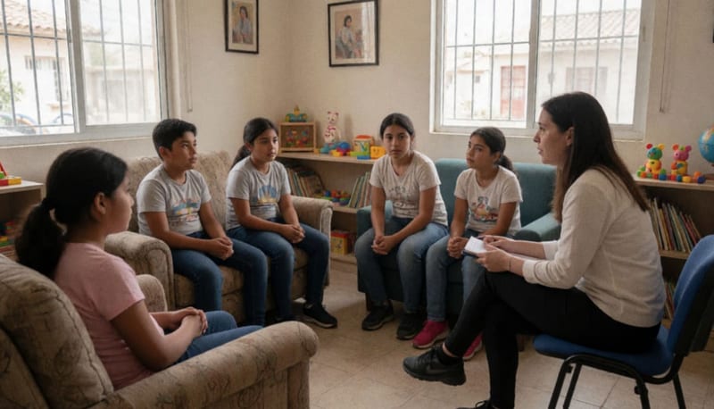 Menores en una sesión de terapia psicológica en un consultorio con ambiente cálido y seguro