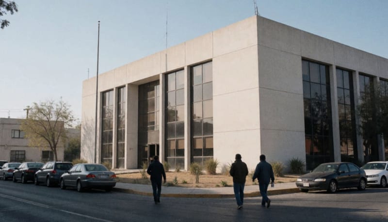 Edificio de oficinas de gobierno visto desde la calle, con personas caminando a lo lejos