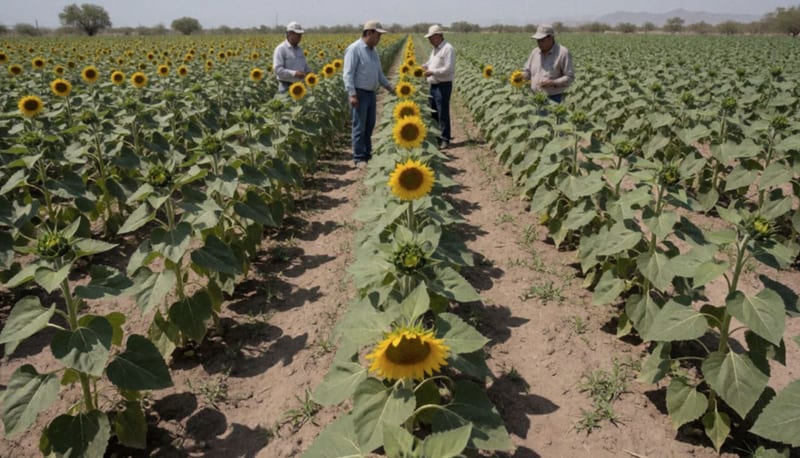 Plantas de girasol en un campo experimental bajo el sol de Delicias