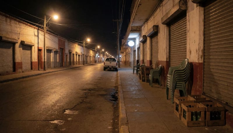 Calle nocturna con cortinas metálicas cerradas, sillas de plástico apiladas y cajas de botellas vacías bajo la luz de las farolas