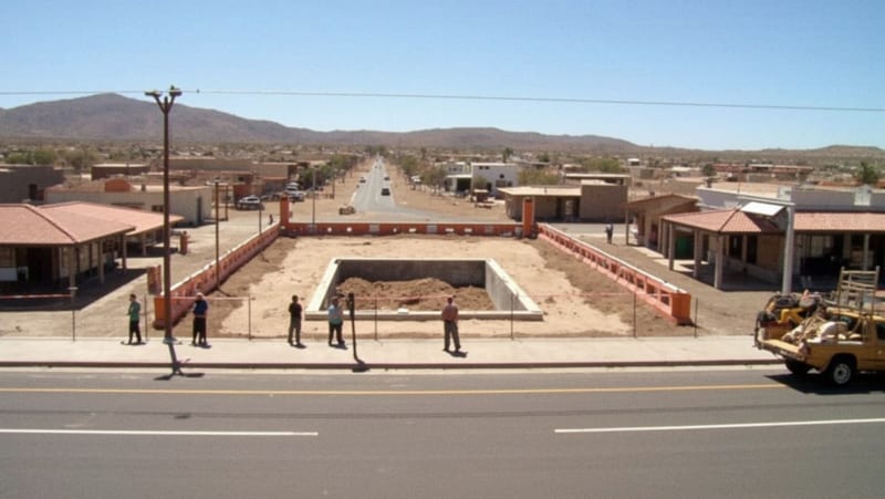 Área de construcción de una plaza pública con barricadas y conos naranjas en un municipio del centro-sur de Chihuahua