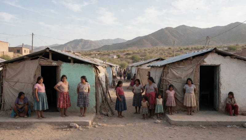 Familias indígenas reunidas en el área de asentamiento de Camargo, con viviendas simples al fondo