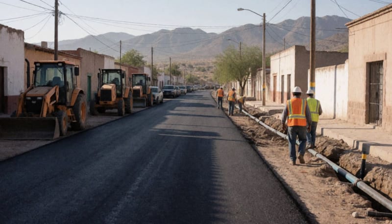 Calle rehabilitada con nuevo pavimento y trabajos de infraestructura de agua y drenaje en Meoqui